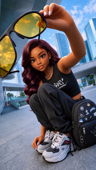 A stylish 3D-rendered character crouches in an urban plaza, holding up yellow-tinted sunglasses while wearing a black "SUPPLY" tank top and a backpack adorned with patches including an "AIRDROP" badge, complementing the post's theme of choosing digital assets over physical ones.