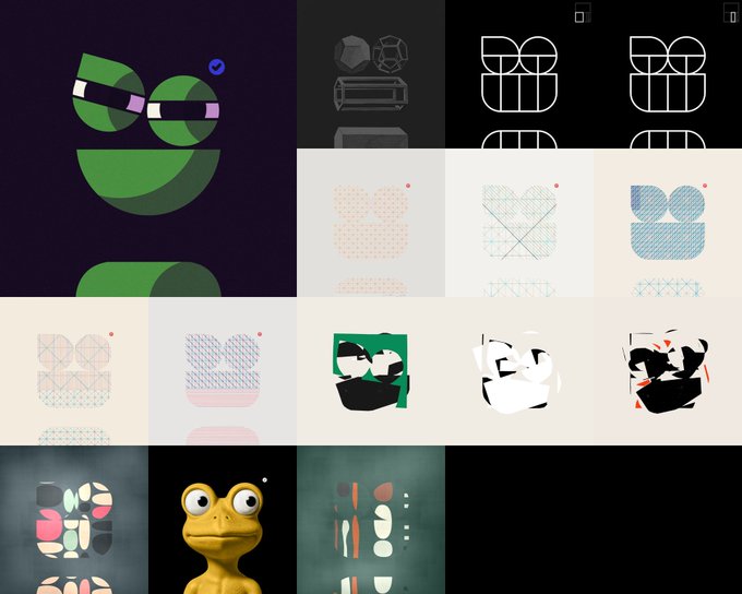 A design reference sheet showing various abstract character illustrations, geometric patterns, color swatches, and a small frog figure across multiple panels.
