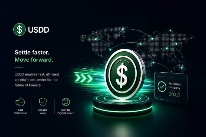 A promotional graphic for 'USDD' cryptocurrency highlights 'Settle faster. Move forward.' with a glowing coin displaying a dollar sign and a 'Settlement Complete' notification.