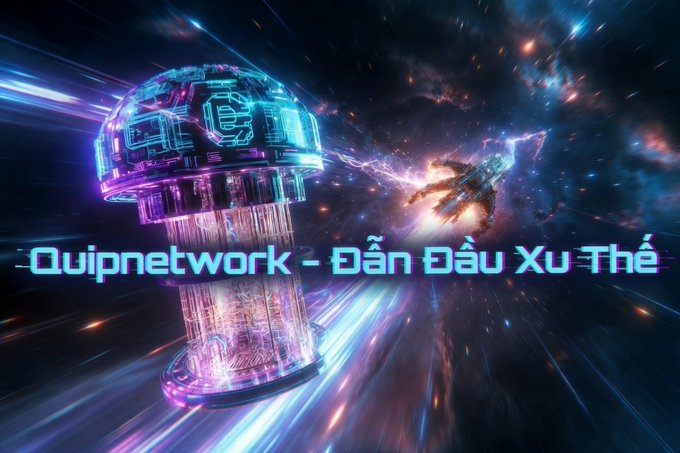 The image features a futuristic scene with a purple and blue spaceship flying through space, accompanied by a neon-colored tower or structure that has the words "quipnetwork" written on it. The background of the image is dark blue, creating an otherworldly atmosphere. The text in the image reads "quipnetwork - Dan Dau Xu Thee", which translates to "Quip network - Dan Dau Xu Thee". This phrase suggests that Quip network is a company or organization dedicated to developing and implementing new technology for the future of computing.