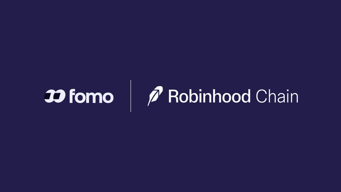The image shows a dark blue graphic with the "fomo" logo on the left and the "Robinhood Chain" logo on the right, separated by a vertical line. This branding visual likely accompanies the announcement highlighting rapid user adoption and trading activity on Robinhood Chain's platform.
