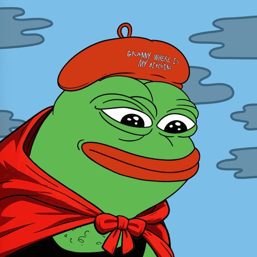 An illustration of Pepe the Frog wearing a red beret with the text 'GRANNY WHERE IS MY BEROLINE' and a red cape tied in a bow, set against a blue sky with gray clouds.