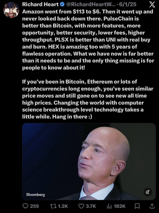 Richard Heart (@RichardHeartW...) posted on 6/1/25 comparing Amazon's historic 95% drawdown from $113 to $6 to PulseChain's current price action, claiming PLSX and HEX are superior to Bitcoin and UNI, accompanied by a Bloomberg image of Jeff Bezos. The post frames the severe price decline as a temporary setback rather than a failure, suggesting the project will eventually recover and reach new highs like Amazon ultimately did—directly countering the caption's framing of PulseChain as a bust thrown into "the dustbin of crypto history."