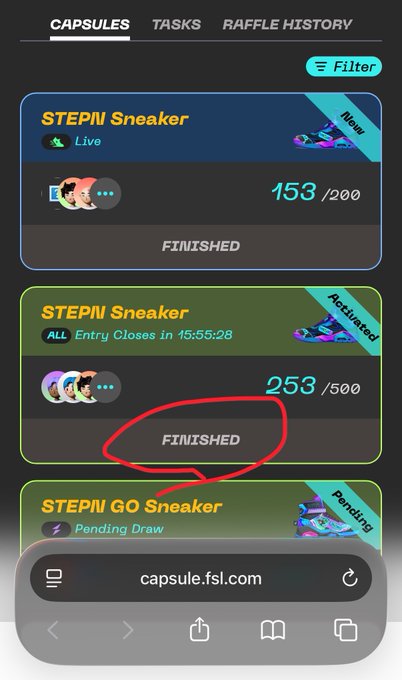 The image shows a cell phone screen with several options for sneakers, including Stepn Go sneaker and Steppilocker. The text "FINISNED" is highlighted in red at the bottom of the screen, indicating that the user has finished their purchase or selection process.