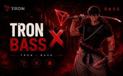 A red and black promotional graphic for 'TRON BASS' by TRON x BASS, featuring a muscular figure holding a glowing red object.