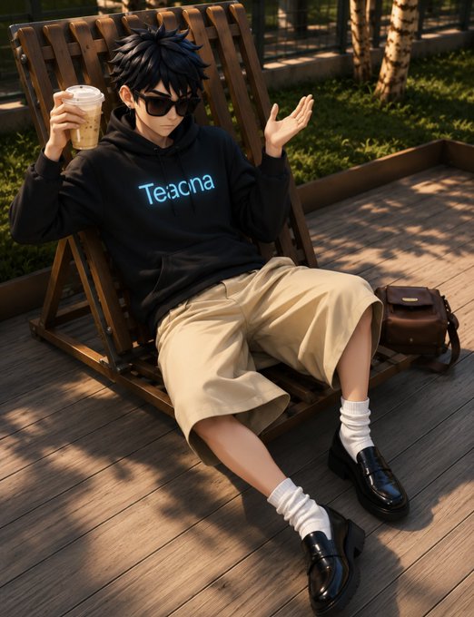 The image shows an anime-style character wearing a black hoodie with "Teacna" in blue text, sunglasses, and shorts, lounging back in a wooden deck chair while holding an iced coffee—perfectly capturing the relaxed "gm frens, tomorrow is weekend" vibe of leisurely weekend anticipation.
