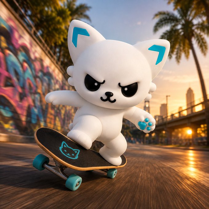 3D render of a cute white cat-like character with blue accents riding a skateboard on a street with colorful graffiti and palm trees at sunset.