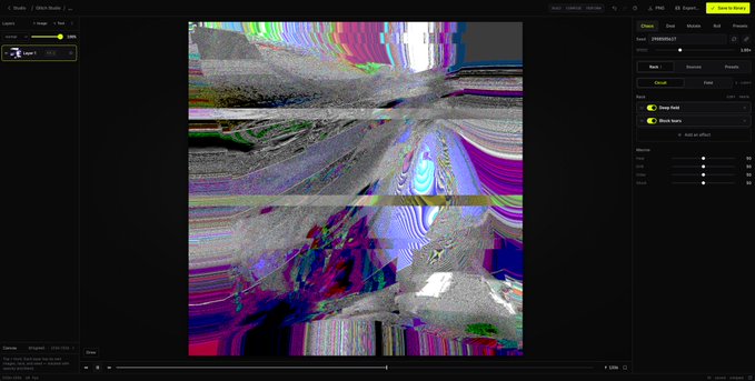 The image shows a digital interface titled "Glitch Studio" on Bullet.ex, displaying a colorful, distorted glitch art piece created using effects like "Warp Fold" and "Deep Warp," with controls for glitch intensity (50%), chaos level, and various warping settings. This aligns with the post's announcement that the Glitch studio on Bullet.ex is advancing significantly, currently accessible to holders of 1 $TOXIN NFT (10k), with future plans to sell credits for $BOSS.
