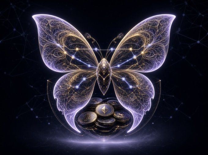 A digital artwork of a luminous, ethereal butterfly made of glowing purple and gold filigree resting atop a pile of cryptocurrency coins (including Bitcoin and Ethereum symbols) against a dark, starry background.
