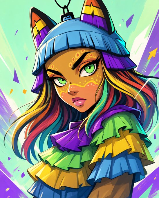 A colorful digital illustration of a woman with vibrant rainbow hair, green eyes, golden facial markings, and a blue cat-eared hat, wearing a ruffled rainbow top.
