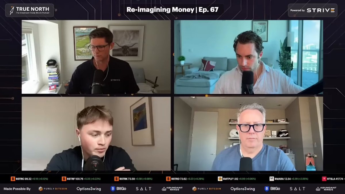 A True North podcast interview with four men, two on the left and two on the right, discussing "Re-imagining Money" on a black background.