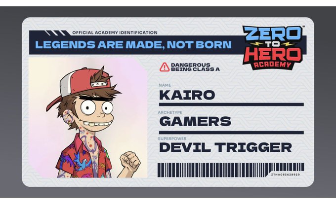 A 'Zero to Hero Academy' official identification card for 'KAIRO' featuring a cartoon character in a red shirt and cap, with archetype 'GAMERS' and superpower 'DEVIL TRIGGER.'