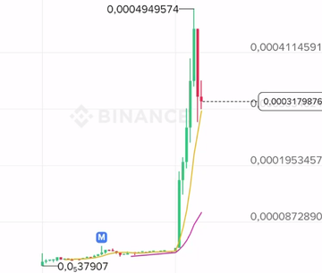 A Binance cryptocurrency price chart showing a sudden vertical spike in price, with values like 0.0004949574 and 0.0003179876 visible on the right axis.