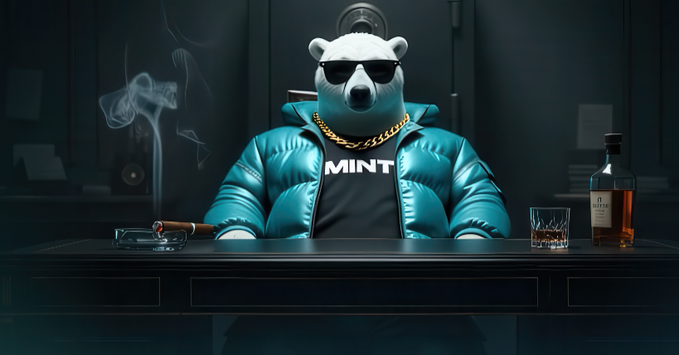 A polar bear mascot wearing sunglasses, a gold chain, and a teal puffer jacket over a shirt labeled "MINT" sits at a desk with a cigar and whiskey, projecting a "cool" and successful vibe that aligns with the celebratory tone of the PlayOnMint campaign announcement highlighting the new Nucleus Codes initiative and its $50K $MNTD reward pool.