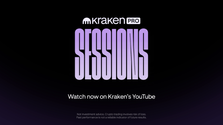 The image is a dark promotional card for **Kraken Pro Sessions**, featuring a large purple “SESSIONS” graphic and the text: “Watch now on Kraken’s YouTube.” It reinforces the post’s message about position sizing—managing risk before entering a crypto trade, even when the setup looks promising.