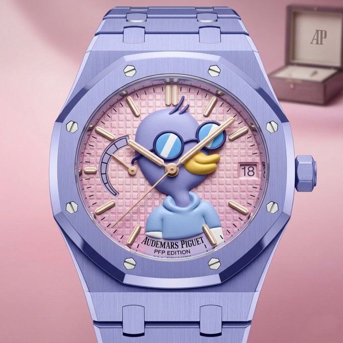 Audemars Piguet PFP Edition luxury watch featuring a cartoon character with sunglasses on the pink dial face, with an AP watch box in the background.
