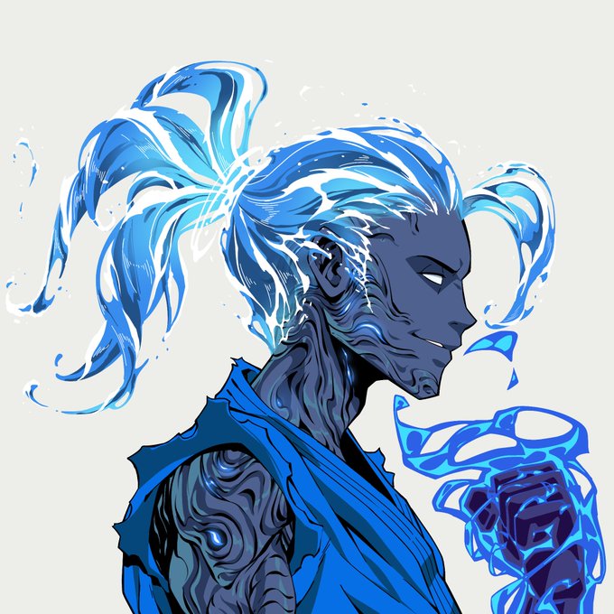A stylized digital artwork depicts a blue-skinned character with flowing, water-like blue and white hair tied in a ponytail, wearing a blue outfit with swirling patterns.