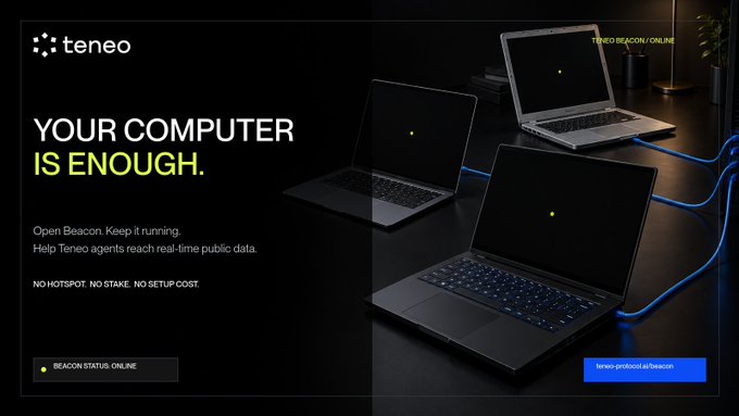 A promotional banner for Teneo displays "YOUR COMPUTER IS ENOUGH" in large text alongside the Teneo logo, with smaller text reading "Open Beacon. Keep it running. Help Teneo agents reach real-time public data" and "NO HOTSPOT. NO STAKE. NO SETUP COST," accompanied by an image of three laptops connected by glowing blue cables and a "BEACON STATUS: ONLINE" indicator. The visual reinforces the post's message that Teneo's Beacon node requires only a running application on a standard computer—no specialized hardware or financial stake—to help AI agents access real-time public data and earn network fees.