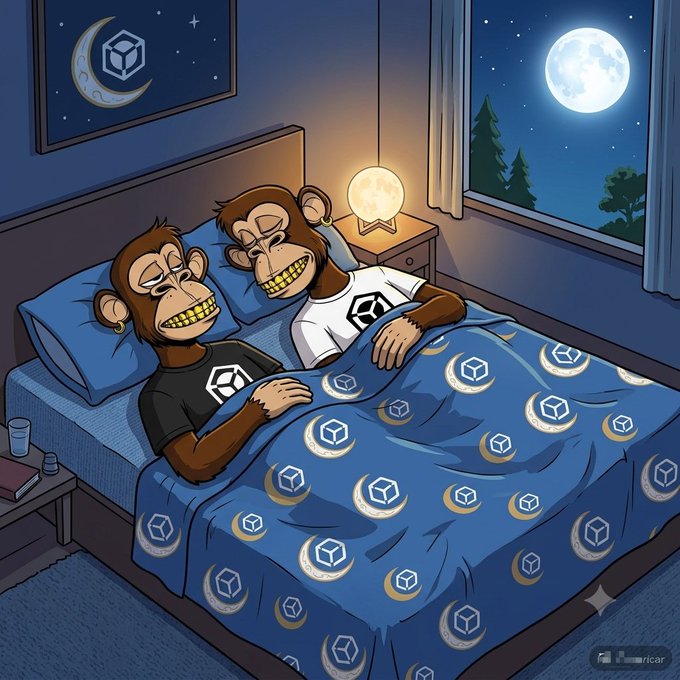 A cartoon illustration of two Bored Ape NFT characters sleeping in a bed with blue bedding patterned with moon and cube logos, while a full moon shines through the window.