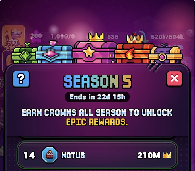 A mobile game screen displays 'SEASON 5' with text 'Ends in 22d 15h' and 'EARN CROWNS ALL SEASON TO UNLOCK EPIC REWARDS', showing rank '14 NOTUS 210M'.