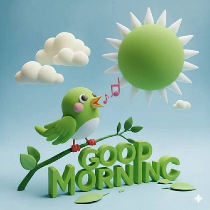The image features a green bird perched on a branch with the words "Good morning" written below it, surrounded by various elements such as clouds, leaves, and a sun. The bird appears to be singing or chirping while sitting on the branch, creating an atmosphere of tranquility and positivity. The post seems to be promoting a positive message about starting the day with a good mood, using the bird's presence in nature as a symbol for a fresh start and new beginnings.