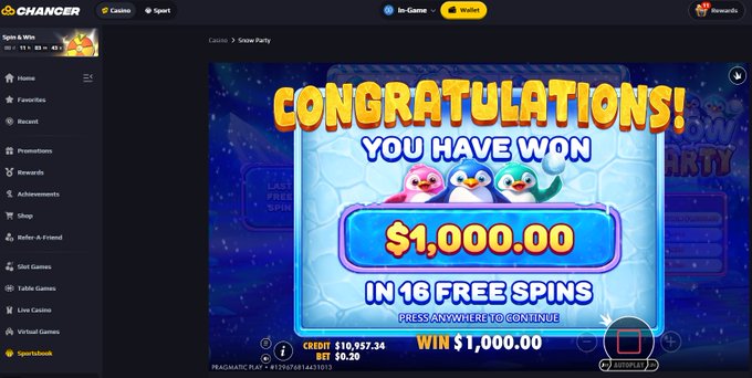 The image shows a Changer casino slot game congratulating a player on winning **$1,000.00 in 16 free spins**, with a credit balance of **$10,957.34** and a $0.20 bet displayed at the bottom. The celebration aligns perfectly with the post's "MAXX WINNNNNNNNNN drop sol" hype, capturing the excitement of hitting a big payout during a Snow Party slot spin.