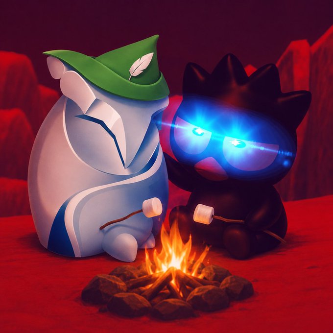 Two stylized cartoon characters—a white figure in a green feathered hat and a black spiky one with glowing blue eyes—roast marshmallows over a small campfire in a red-lit landscape, visually pairing them as a dynamic duo ready to work together, matching the post's teasing about a tag-team return to the blockchain.