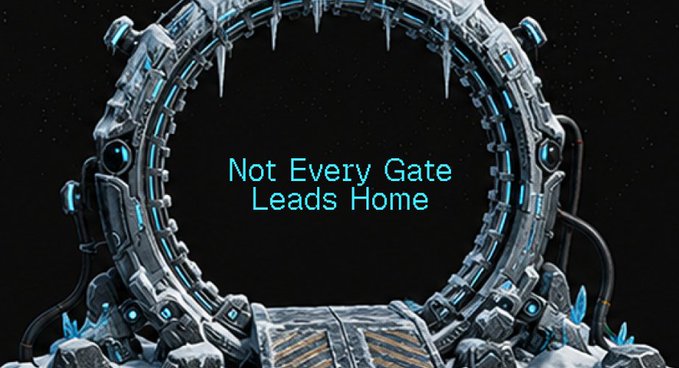 A science fiction Stargate-like portal with blue glowing crystals and text reading 'Not Every Gate Leads Home' in the center.