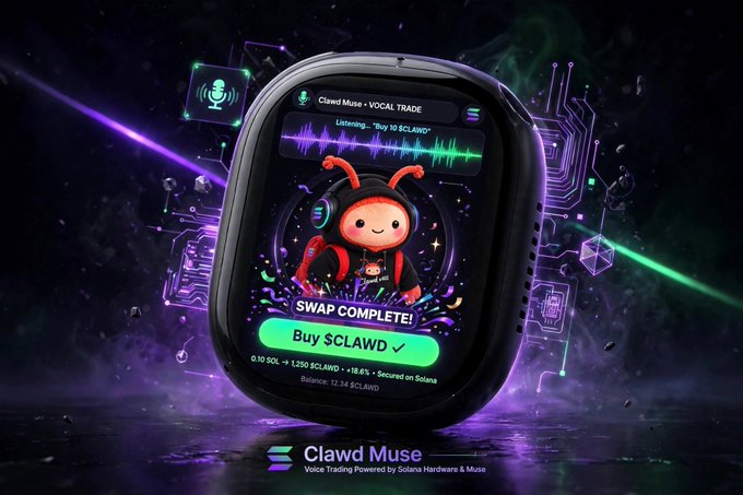 A smartwatch displays a 'Clawd Muse' vocal trading app interface showing 'SWAP COMPLETE! Buy $CLAWD ✓' with a cute red bug mascot wearing headphones, set against a futuristic purple tech background.