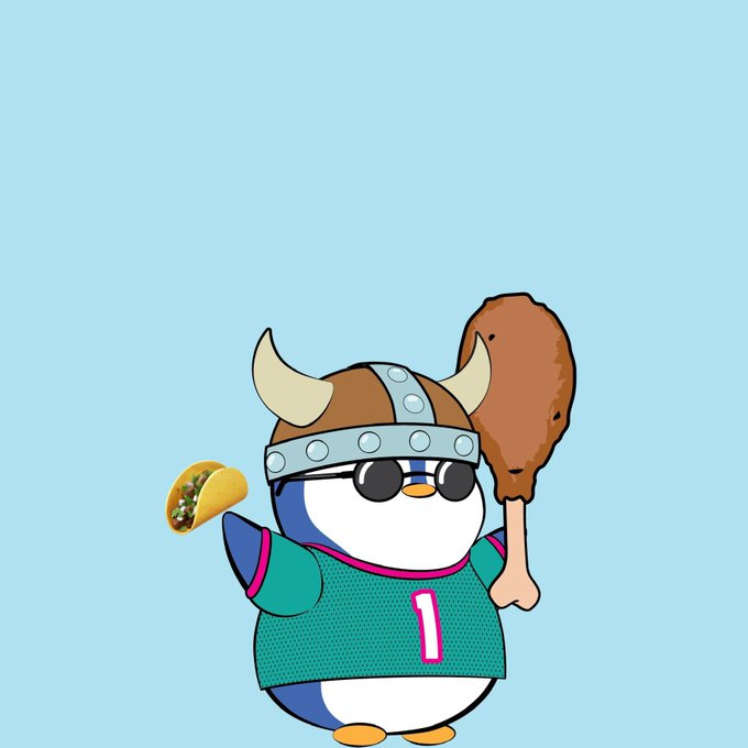 An illustration of a penguin-like cartoon character wearing a Viking helmet with horns, sunglasses, a green jersey with the number 1, holding a taco and a fried chicken leg.