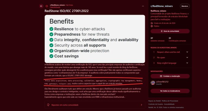 A screenshot of a Reddit community page titled 'RedStone_miners' highlighting the 'Benefits' of the ISO/IEC 27001:2022 standard, with some text highlighted in red.