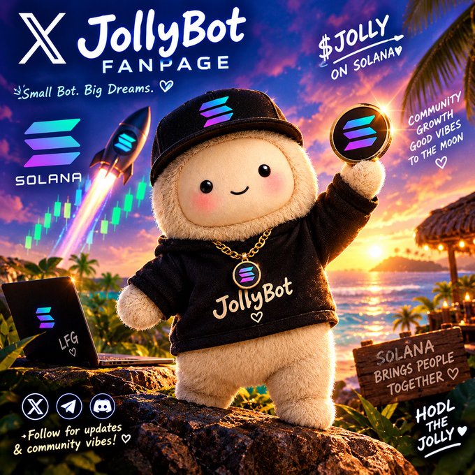 A promotional fanpage graphic for 'JollyBot' featuring a plush character in Solana merchandise, with text like '$JOLLY ON SOLANA' and 'HODL THE JOLLY' set against a sunset beach background.