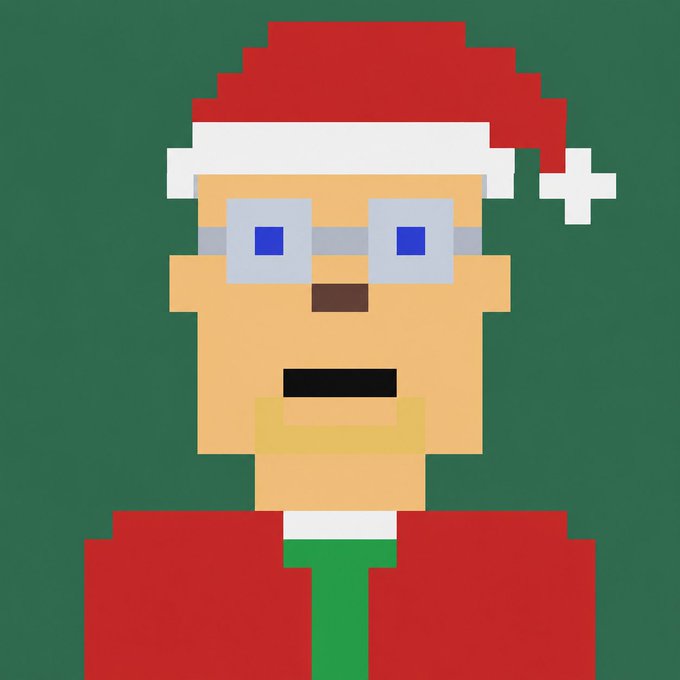 A pixel art portrait of a character wearing a red Santa hat, glasses with blue lenses, and a red shirt against a solid green background.