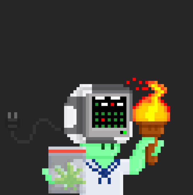 Pixel art of a character with a CRT monitor for a head displaying green and red pixels, holding a flaming torch in one hand and a bucket in the other, wearing a white shirt with a blue tie.