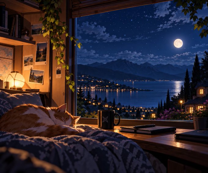A cozy scene shows a cat sleeping on a bed next to a window, with a coffee mug on the sill overlooking a moonlit bay and a coastal town at night.