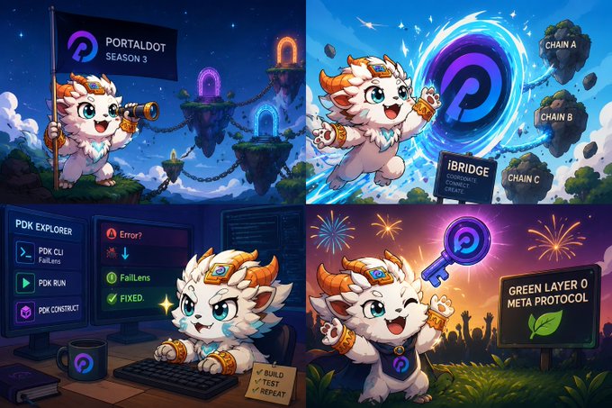 A four-panel illustration featuring a cute horned character/mascot promoting 'PORTALDOT SEASON 3,' showing portals, chains labeled 'CHAIN A/B/C,' 'iBRIDGE,' a 'PDK EXPLORER' interface with 'Error? FailLens FIXED,' and 'GREEN LAYER 0 META PROTOCOL.'