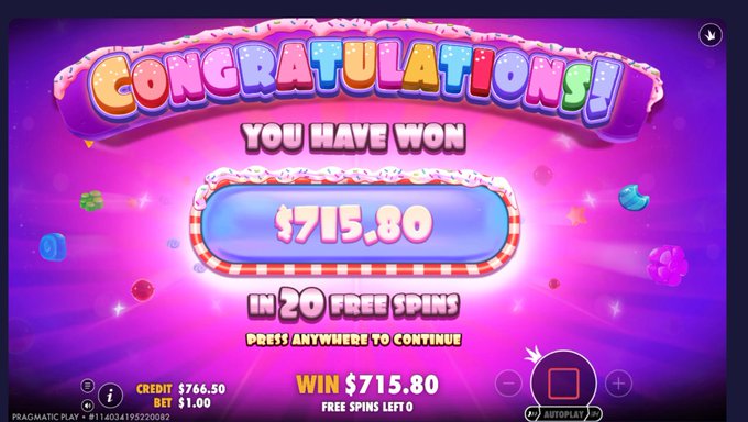 A slot machine screen displays a colorful 'CONGRATULATIONS! YOU HAVE WON $715.80 IN 20 FREE SPINS' message, with a credit balance of $766.50 and a $1.00 bet from Pragmatic Play.