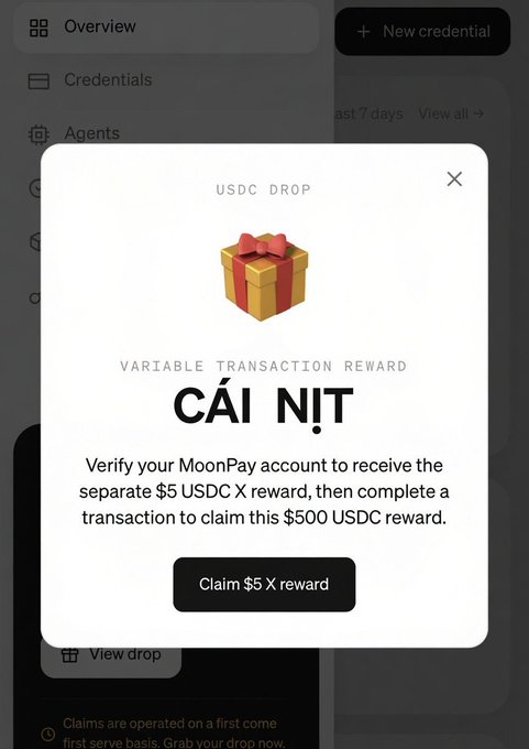 Pop-up window on the PayBox dashboard titled 'USDC DROP' with a gift box icon, offering a 'VARIABLE TRANSACTION REWARD' and a button to 'Claim $5 X reward' after verifying a MoonPay account and completing a transaction.