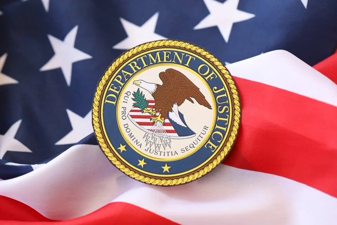 The Department of Justice seal featuring an eagle, displayed on an American flag background with the motto 'QUI PRO DOMINA JUSTITIA SEQUITUR'.