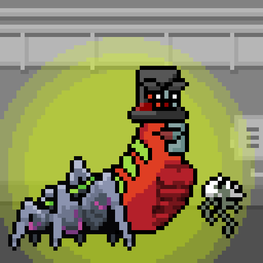 Pixel art scene featuring an Among Us crewmate in a red suit with black top hat surrounded by green zombie-like crewmates on a grassy platform.
