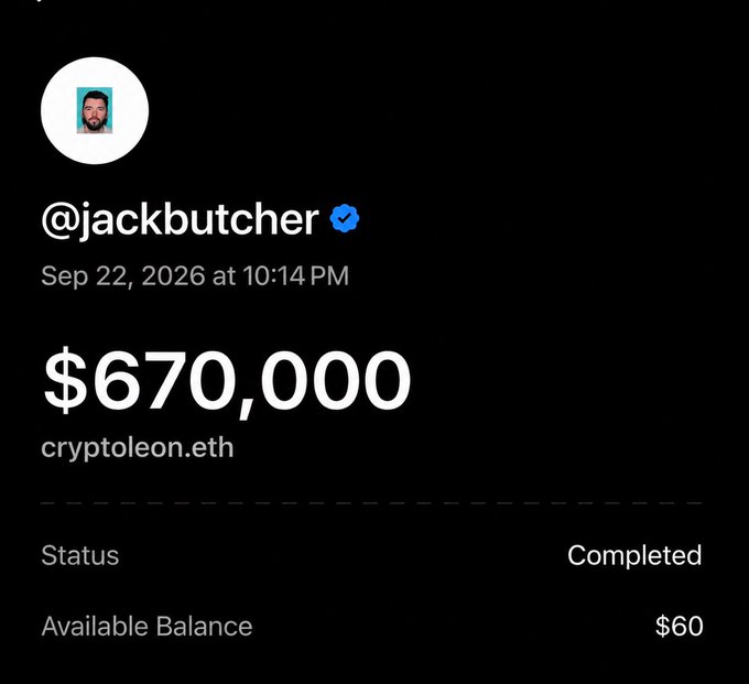 A screenshot of a Twitter post by @jackbutcher showing a completed sale of a 'cryptoleon.eth' NFT for $670,000, with an available balance of $60.