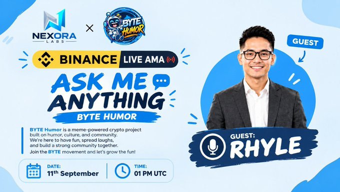 A promotional poster for a Binance Live AMA with Nexora Labs and Byte Humor, featuring guest Rhyle on 11th September at 01 PM UTC.
