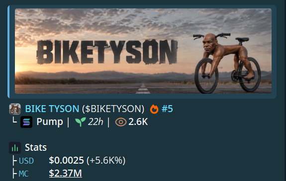 A crypto post for “BIKE TYSON ($BIKETYSON)” rank #5, showing 22h, 2.6K interactions, a price of $0.0025 (+5.6k%), and $2.37M market cap. In the “SOL vs Robinhood” context, the image appears to compare Solana-based meme tokens with the brokerage-trading app.
