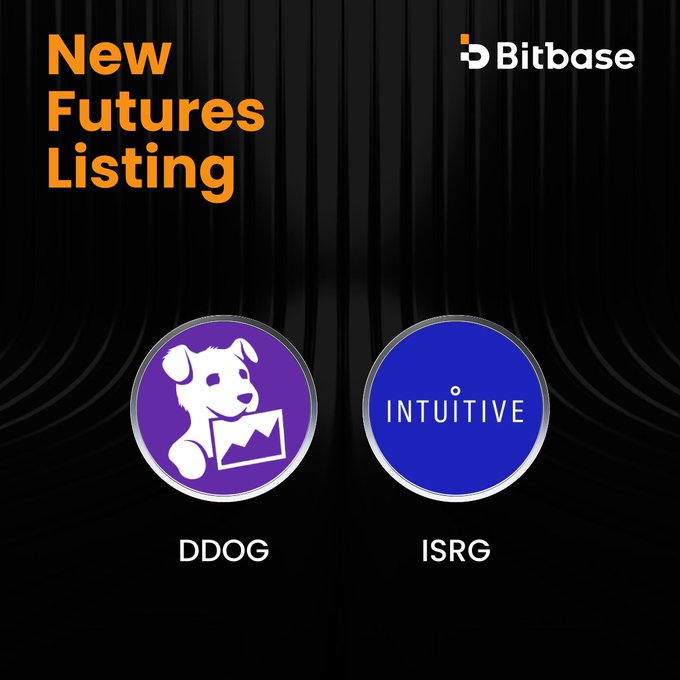 Bitbase announces new futures listings for **DDOGUSDT** and **ISRGUSDT**, scheduled to begin at **08:00 UTC on August 20, 2026**. The image features the Bitbase logo and branded icons for **DDOG** and **Intuitive Surgical (ISRG)**.