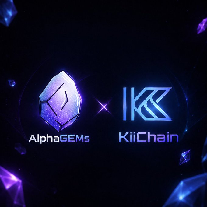 A promotional graphic displays the logos for "AlphaGEMs" (a purple crystal) and "KiiChain" (blue stylized lettering) side by side against a dark, cosmic background.