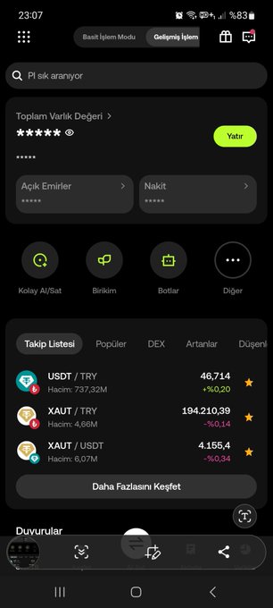A screenshot of a cryptocurrency trading app interface in Turkish, showing total portfolio value (Toplam Varlık Değeri) and favorites including USDT/TRY at 46,714, XAUT/TRY at 194,210.39, and XAUT/USDT at 4,155.4.