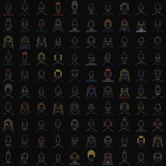 A 10x10 grid of 100 ASCII-style pixelated punk character portraits rendered in colorful text art on a black background, showcasing the variety of unique designs in the Chain Punks NFT collection of 3,333 fully on-chain punk avatars.