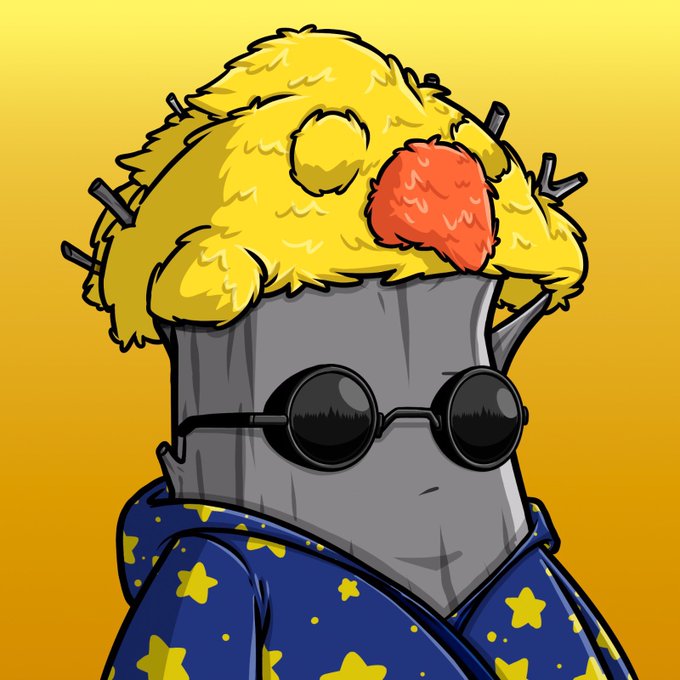 A cartoon illustration of a character wearing round black sunglasses and a blue hoodie with yellow stars, featuring yellow fluffy hair with a red patch.