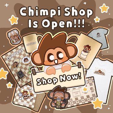 An advertisement graphic features a cartoon monkey mascot holding a 'Shop Now!' sign, with the text 'Chimpi Shop Is Open!!!' displayed above surrounded by various merchandise items and stars.