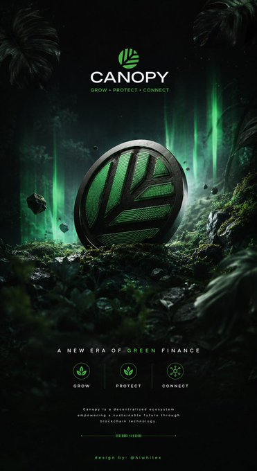 The image features a green leaf-shaped logo with the word "CNPY" written below it, along with a description of a new eco-friendly finance platform called "Canopy". The background of the image is dark green, which contrasts with the vibrant colors of the logo and makes it stand out. The text on the image emphasizes that this platform focuses on sustainable practices and connects people to environmentally friendly projects.